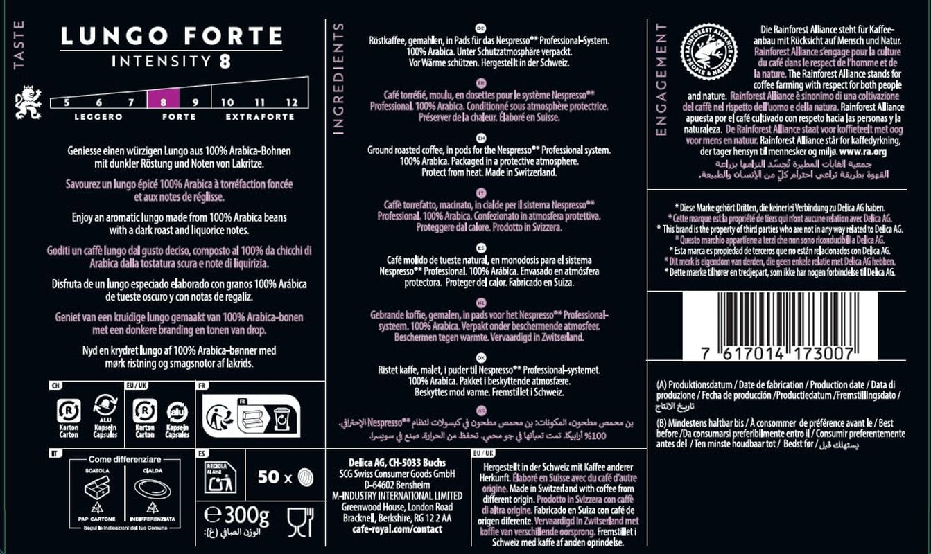 Café Royal Professional Pads, Lungo Forte, 50 Nespresso (R) kompatybilne podkładki dla biura i gastronomii, zertifiziert Rainforest Alliance, 100 Prozent Arabica Kaffee, Intensität 8