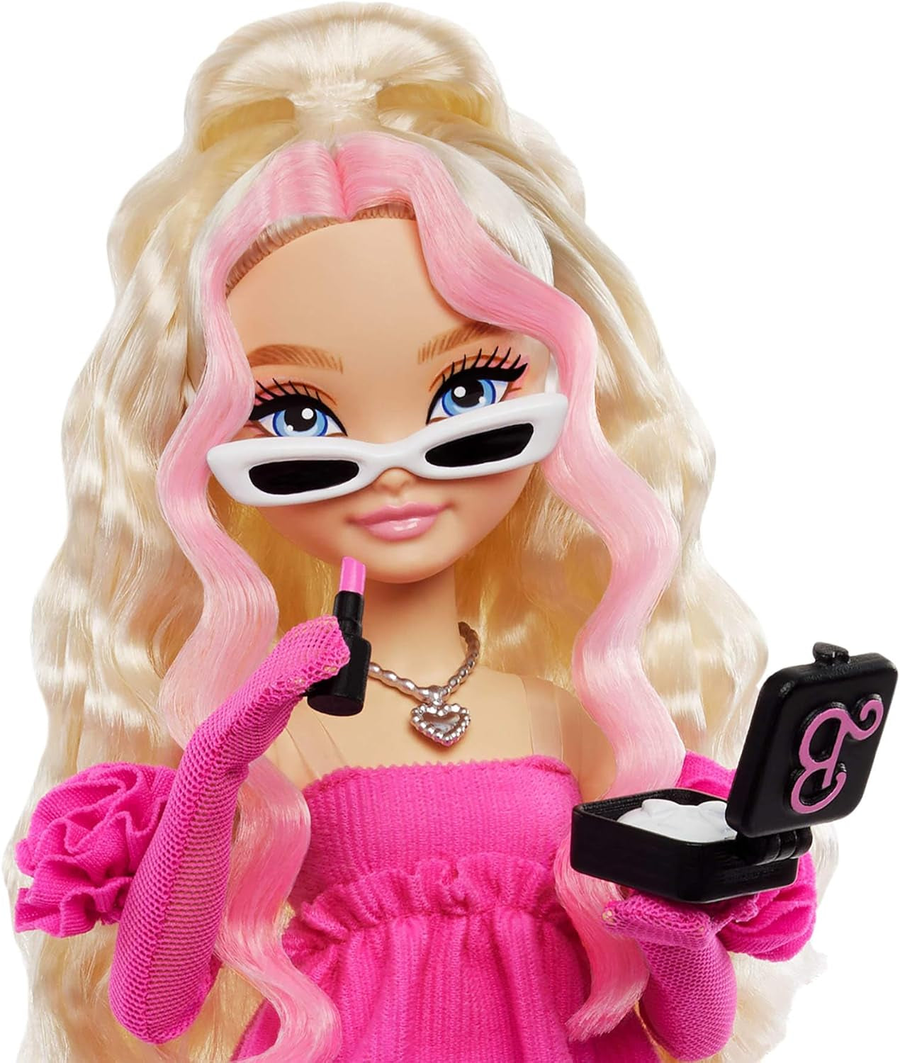 Barbie Dream Besties Puppe und Accessoires, bewegliche Barbie Malibu“ Modepuppe z blond włosami, 11 Teile zum Thema Make-up und Haare, HYC21