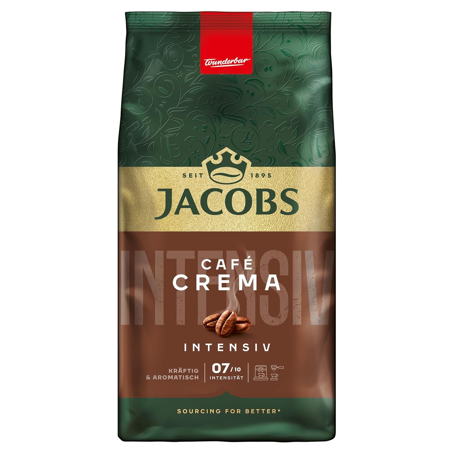 Jacobs Kaffeebohnen Café Crema Intense, intensywny z Kakao- & Nussnote, geröstet w Bremie, Intensität 7/10, Kaffee ganze Bohnen, 1 kg