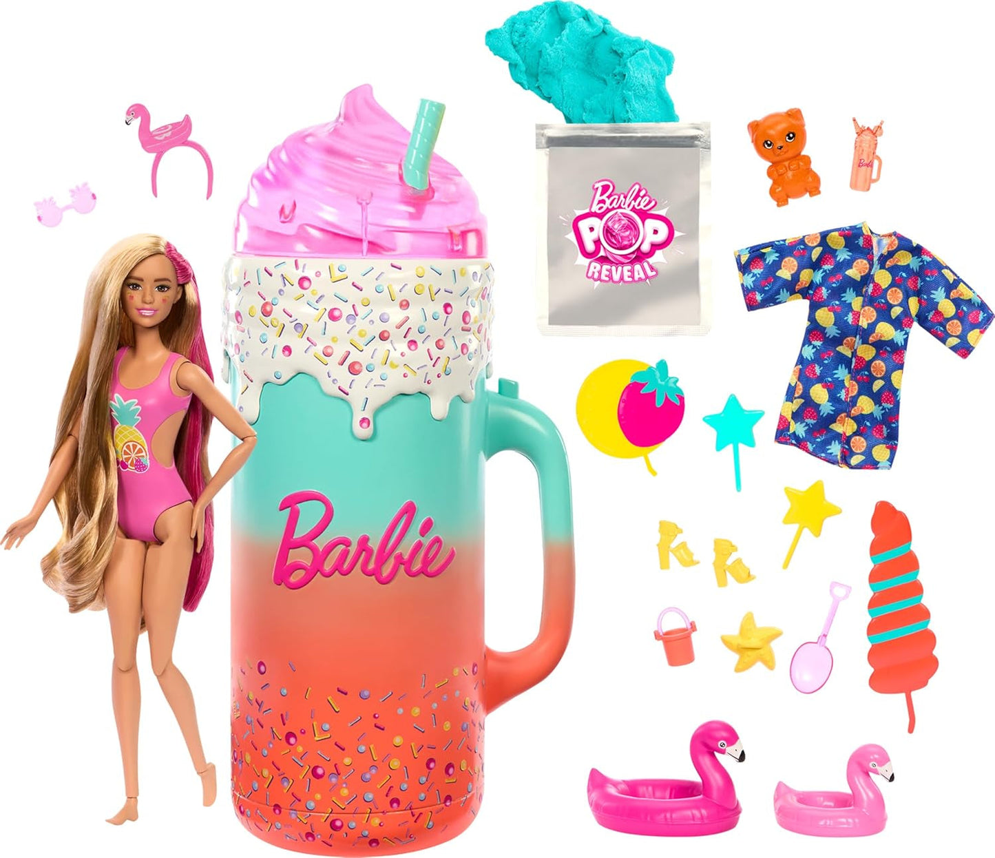 Zestaw upominkowy BARBIE Pop Reveal Rise & Surprise — ponad 15 niespodzianek, w tym 1 lalka Barbie, akcesoria plażowe zapewniające wesołą i owocową zabawę dla dzieci w wieku od 3 lat, HRK57