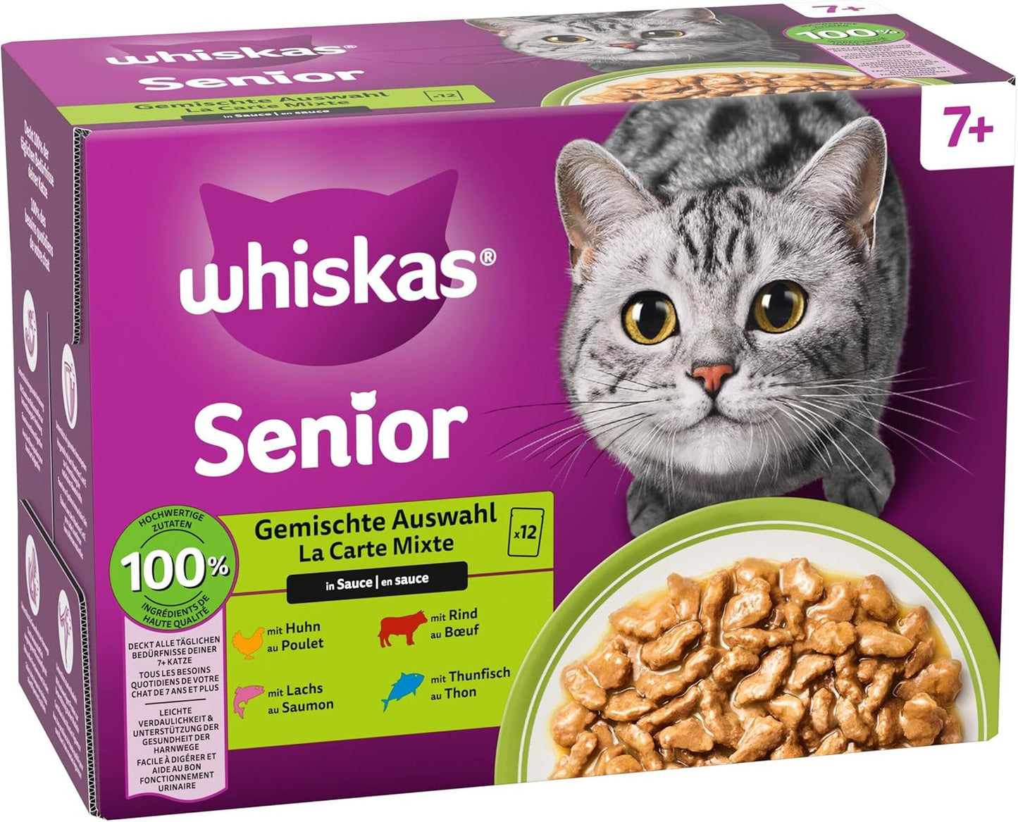 Whiskas Senior 7+ Mokra karma mieszana w sosie, 48 saszetek, 12x85g (4 sztuki w opakowaniu) - Wysokiej jakości mokra karma dla kotów w wieku 7 lat i starszych