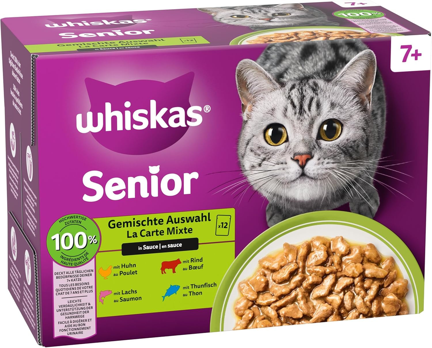 Whiskas Senior 7+ Mokra karma mieszana w sosie, 48 saszetek, 12x85g (4 sztuki w opakowaniu) - Wysokiej jakości mokra karma dla kotów w wieku 7 lat i starszych