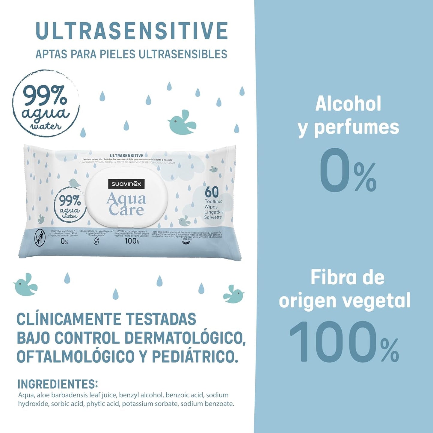 Suavinex Aqua Care Chusteczki nawilżane dla dzieci 60 szt. Chusteczki oczyszczające 99% włókien roślinnych wodnych Aloe Vera Bezzapachowy Bez alkoholu Testowany dermatologicznie Odpowiedni dla skóry wrażliwej