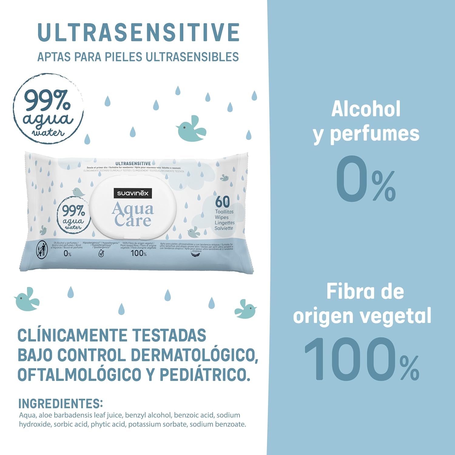 Suavinex Aqua Care Chusteczki nawilżane dla dzieci 60 szt. Chusteczki oczyszczające 99% włókien roślinnych wodnych Aloe Vera Bezzapachowy Bez alkoholu Testowany dermatologicznie Odpowiedni dla skóry wrażliwej