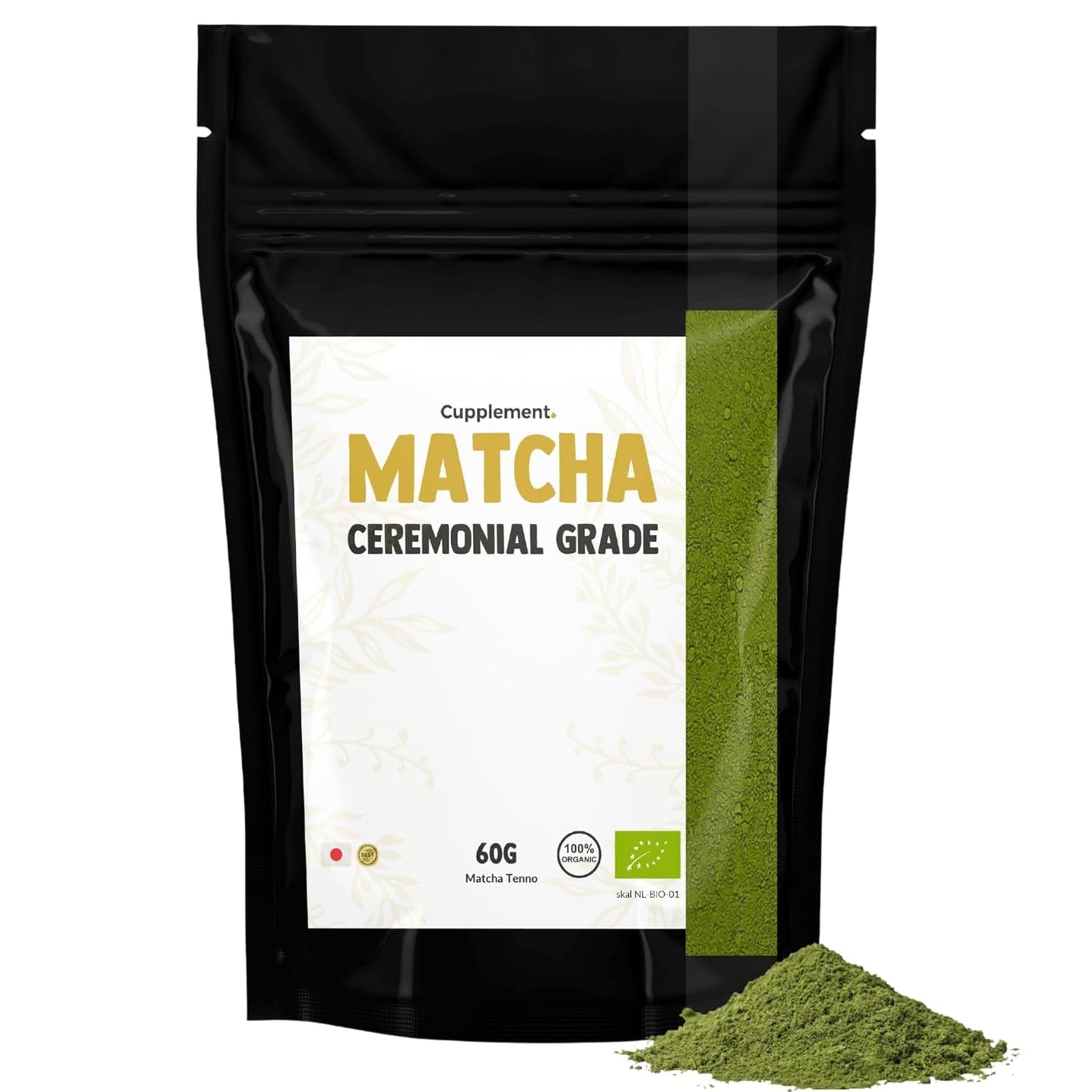 Cupplement Matcha 90 gramów organicznych - Najwyższej jakości sproszkowana zielona herbata - Bez bambusowej trzepaczki i drutu - Kulinarny - Zestaw dla początkujących - Latte - Trzepaczka - Japonia - Proszek - Herbata - Drut - Torba - Smoothie