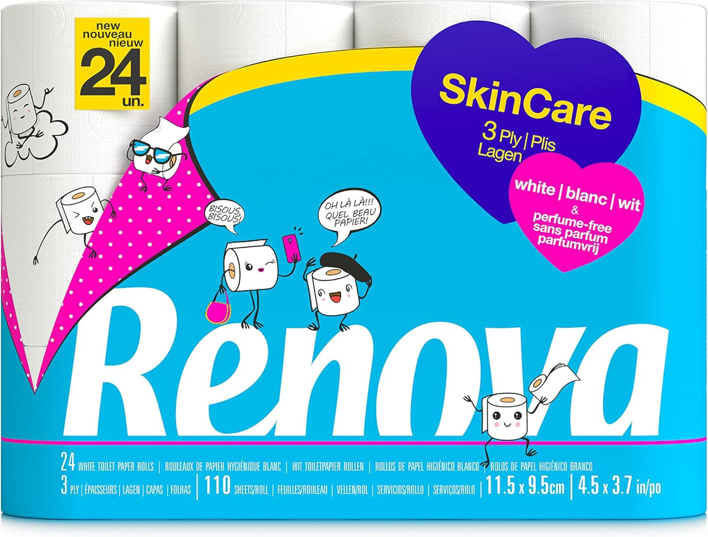 Papier toaletowy Renova Skincare, 3 warstwy, biały, 24 rolki