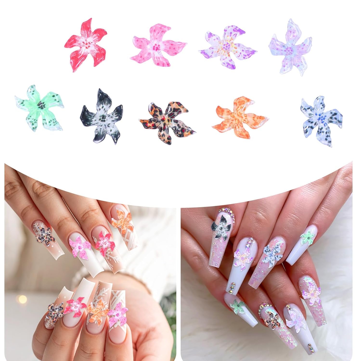 50 szt. 3D Blumen Nägel Nail Charms Bunt Gelee Weich Kleber Lilie Flower Blume Nagel Hibiscus Zubehör Nageldesign Eis Kristall Geprägt Farbverlauf Lilien Für Mädchen Frauen Diy Basteldekoration