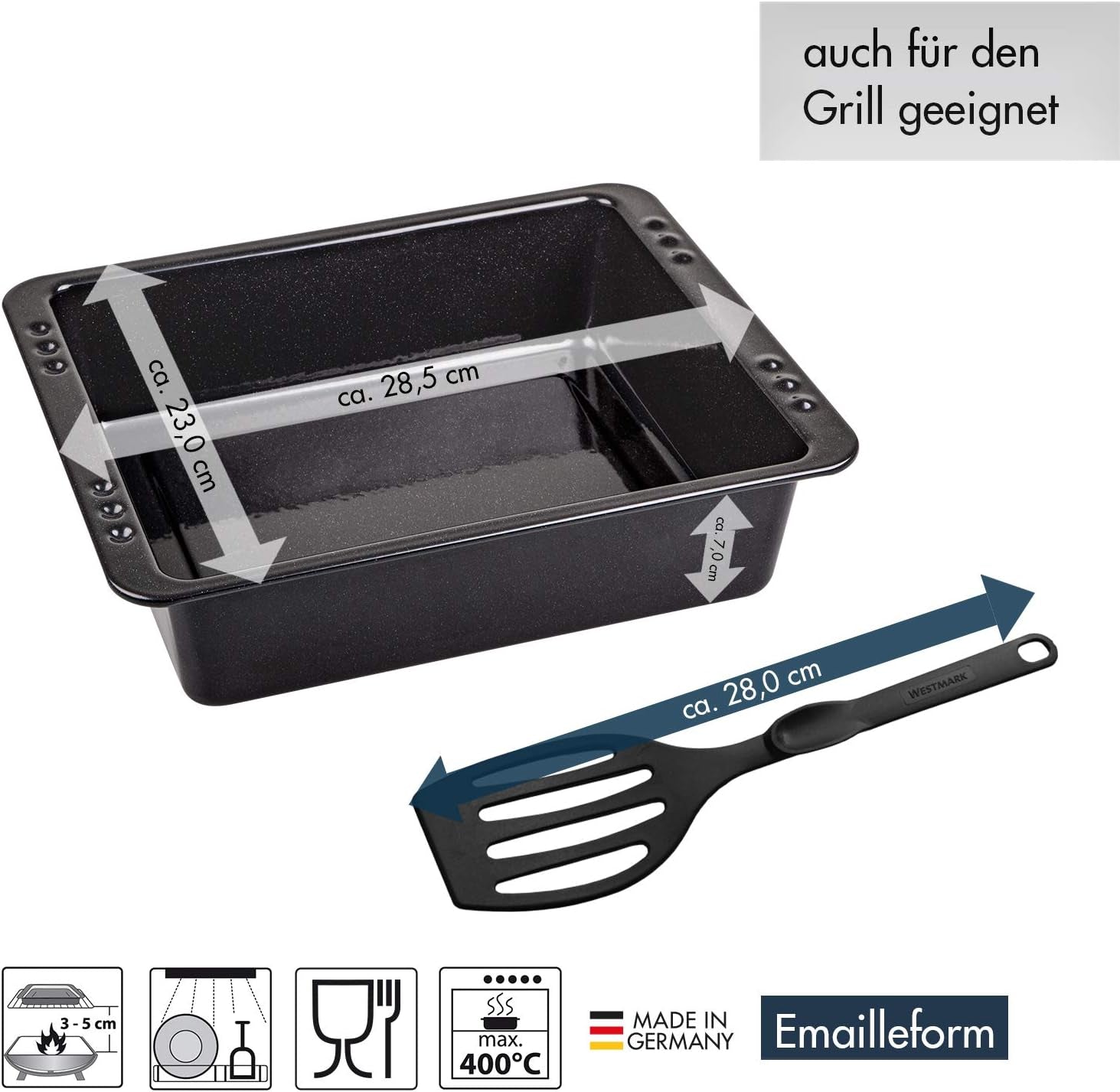 Chg SET 341-46-60 Extra Tiefe Ofenform (7,0 Cm) "Emaille" Mit Profi-Pfannenwender", Schwarz Gesprenkelt Formy i blachy do pieczenia Naty Shop