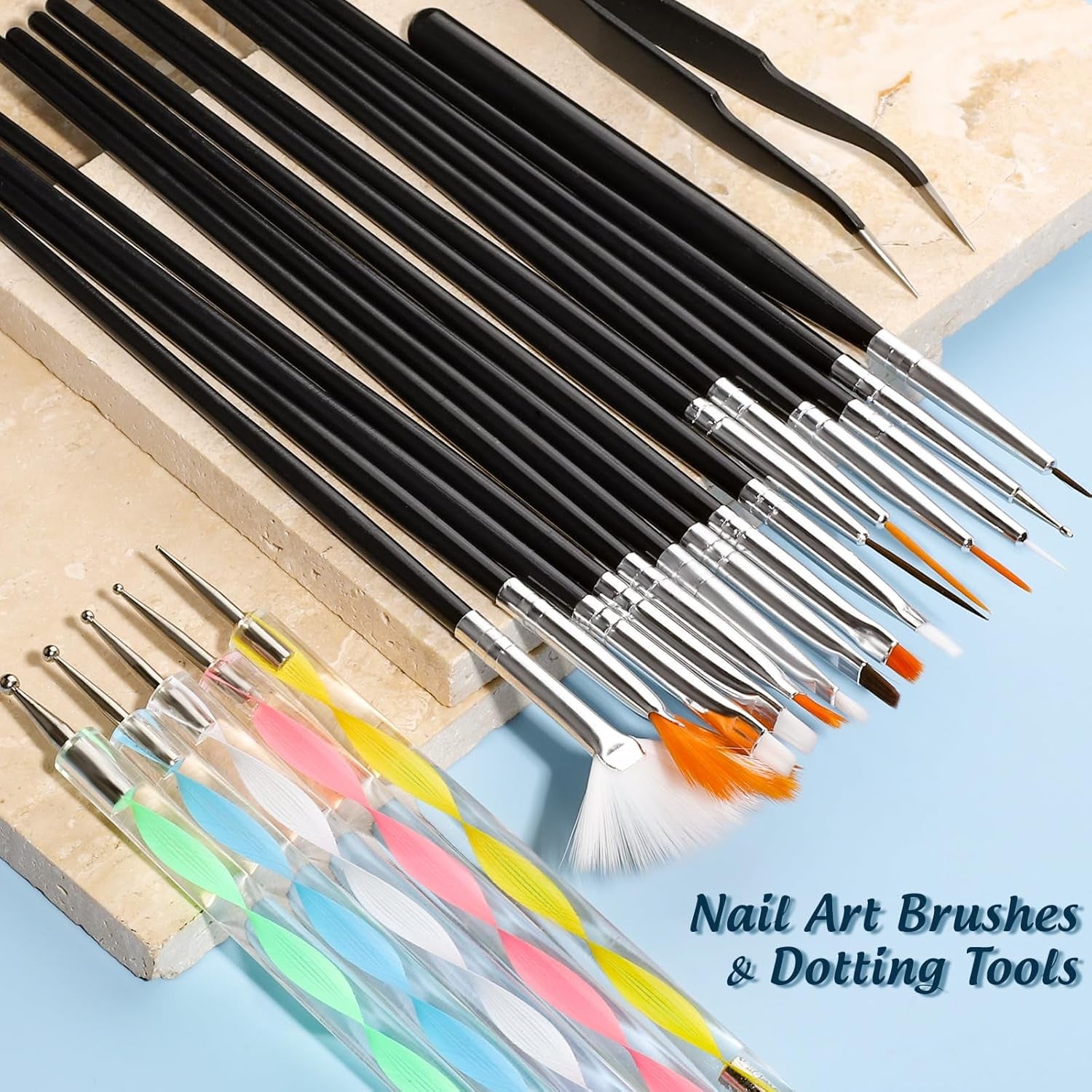 FANDAMEI Pinsel Für Gelnägel, 15 szt. Nagel Pinsel, 5 Blätter Nagelsticker, Strasssteine ​​​​Nägel, zestaw Nageldesign, Nageldesign Zubehör, zestaw pinsel do zdobienia paznokci, zestaw Nailart Pinsel i Dekorationen