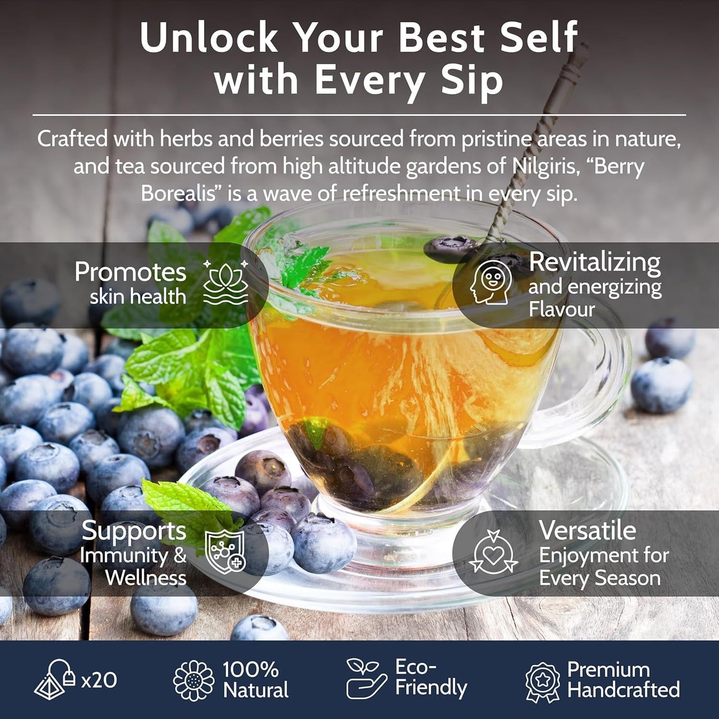 Torebki na zieloną herbatę Blooms & Leopard Premium - Mieszanka jagód Borealis z hibiskusem, jagodami, truskawkami i miętą - 20 torebek na herbatę w kształcie piramidy do herbaty na gorąco lub na zimno