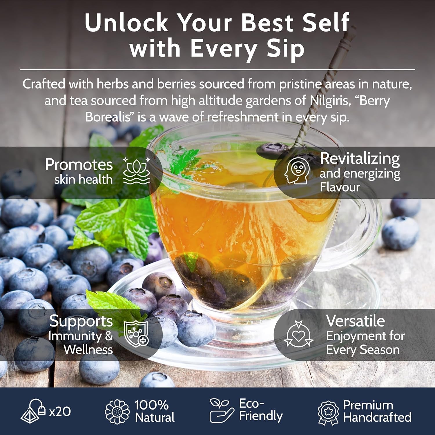 Torebki na zieloną herbatę Blooms & Leopard Premium - Mieszanka jagód Borealis z hibiskusem, jagodami, truskawkami i miętą - 20 torebek na herbatę w kształcie piramidy do herbaty na gorąco lub na zimno