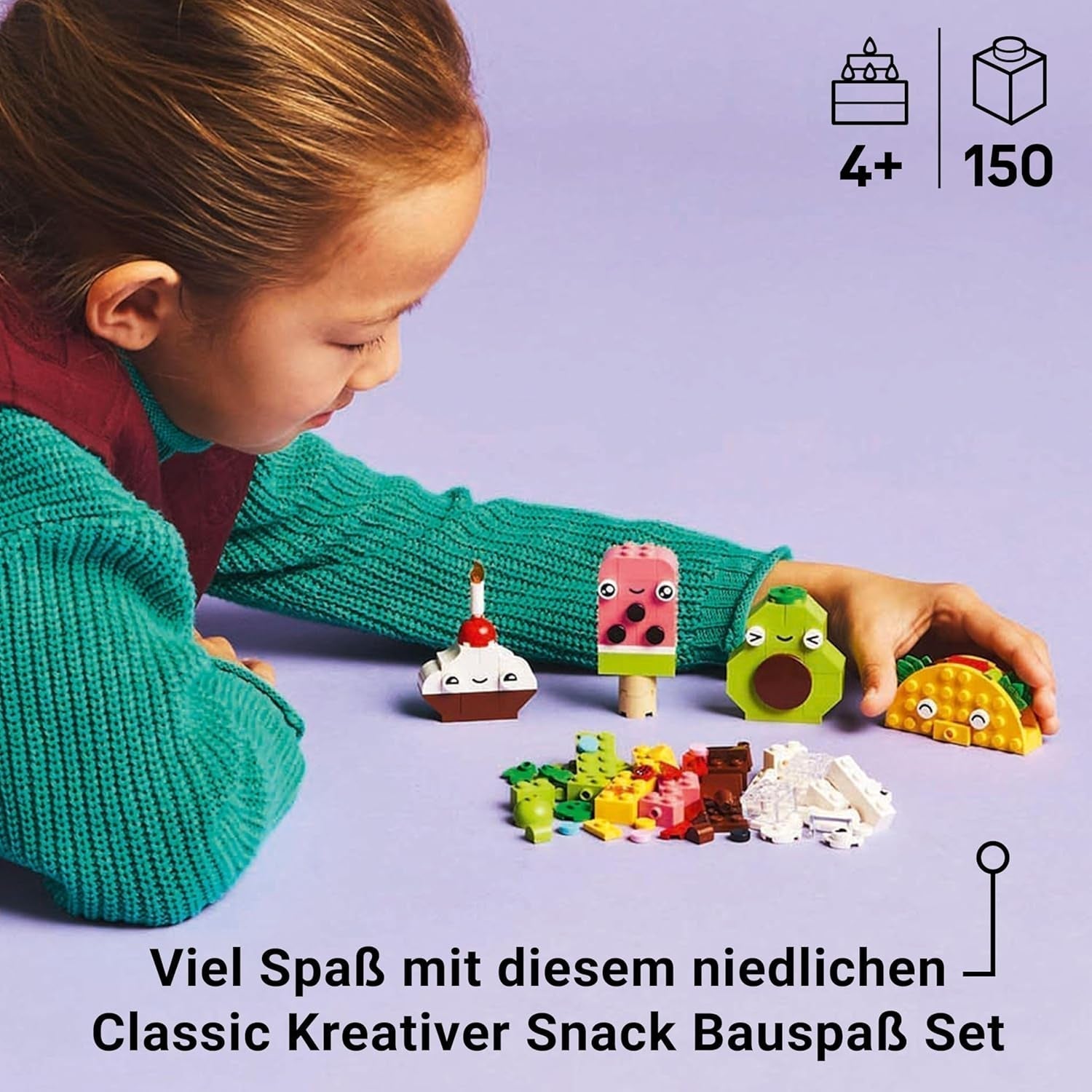 LEGO Classic Kreatywne budowanie przekąsek, zabawka w kształcie jedzenia do pomysłowego odgrywania ról, zestaw do budowania dla chłopców i dziewcząt w wieku 4 lat, babeczka, awokado, lody na patyku i taco 11039 Zestawy do budowania Besuche den LEGO-Store
