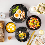LOVECASA Seria Daphne Zestaw porcelanowych naczyń obiadowych SWEET 24-częściowy zestaw kombinowany Talerze obiadowe w złotym stylu Talerze deserowe Miski na płatki zbożowe i talerze obiadowe dla 6 osób