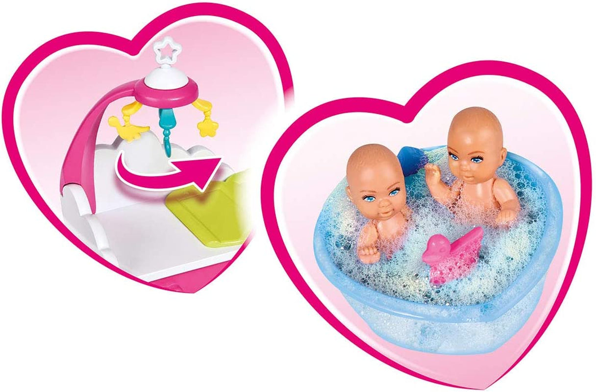 Simba 105733333 - Steffi Love Welcome Twins, ciężarna lalka z bliźniakami, przewijak i wanna, akcesoria, lalka modowa, 29 cm, dla dzieci w wieku 3 lat i więcej