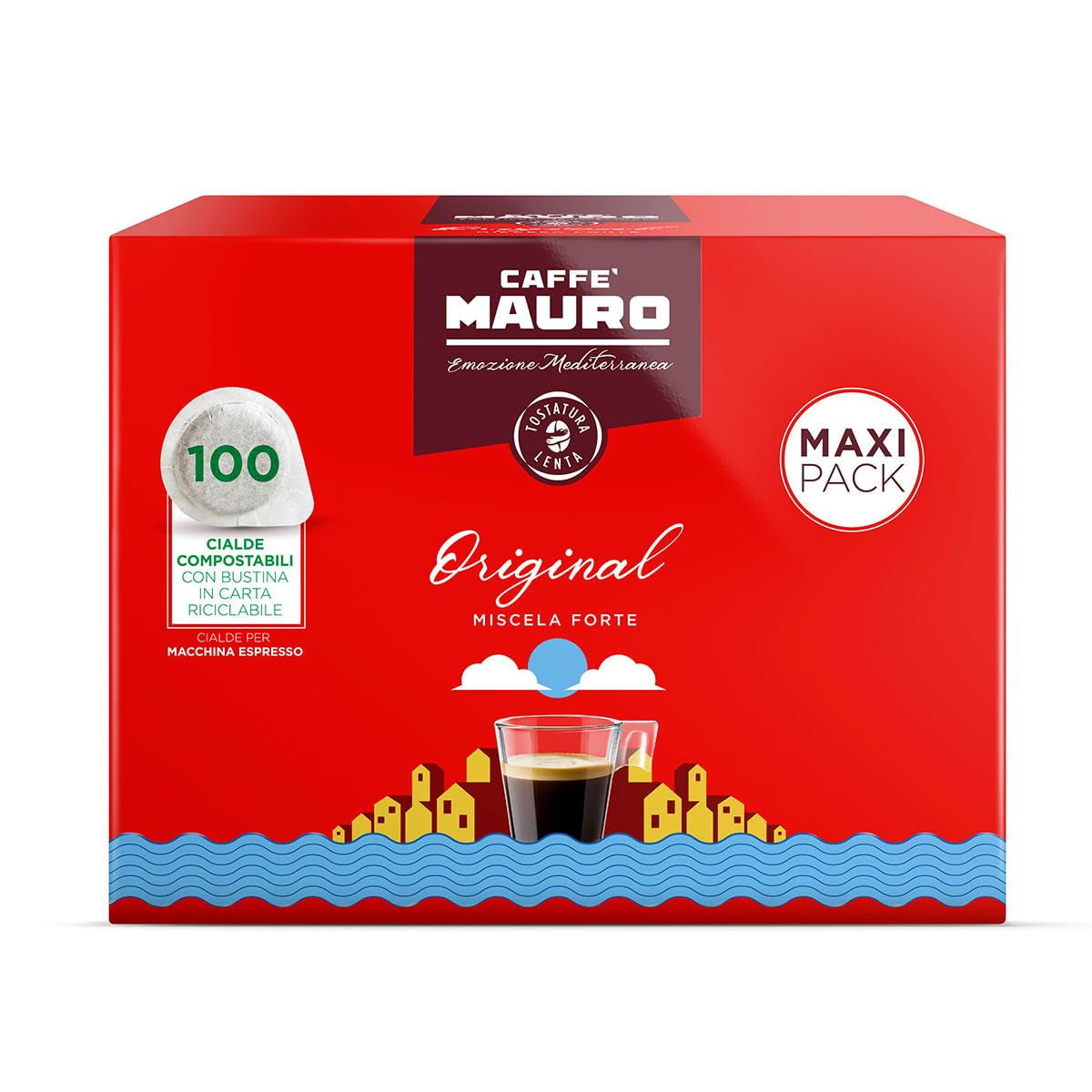Caffè Mauro Torrefazione Kaffee Kompostierbare Pods, Recyclebare Verpackung, Original Mischung - 100 stück - Intensität 10/10 - Kompatybilny z podkładkami papierowymi ESE System 44 mm