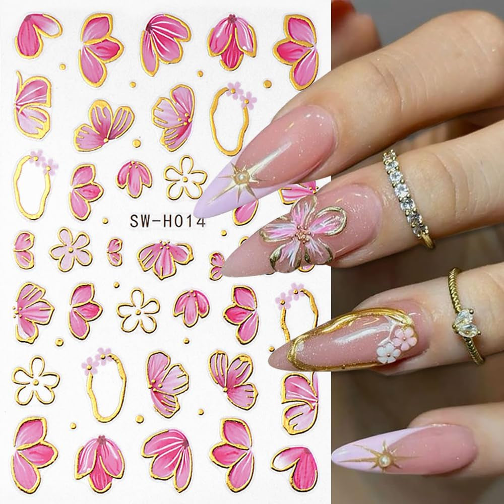 Złota Linie Schieber Rosa Nagelsticker Blumen 3D Kwiatowa naklejka na paznokcie Sakura Blütenblätter Blumen Nagelaufkleber Frühling Sommer Floral Nagel Naklejka Kwiaty Nagel Naklejki Nageldesign Zubehör Nail Art