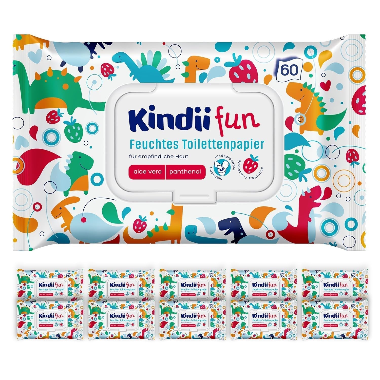 Kindii Fun Mokry Papier Toaletowy - (10X60 szt.) Mokry Papier Toaletowy - Rumianek, Aloe Vera, Ph-Neutral, Wodny, Odświeża okolice intymne - 600 sztuk