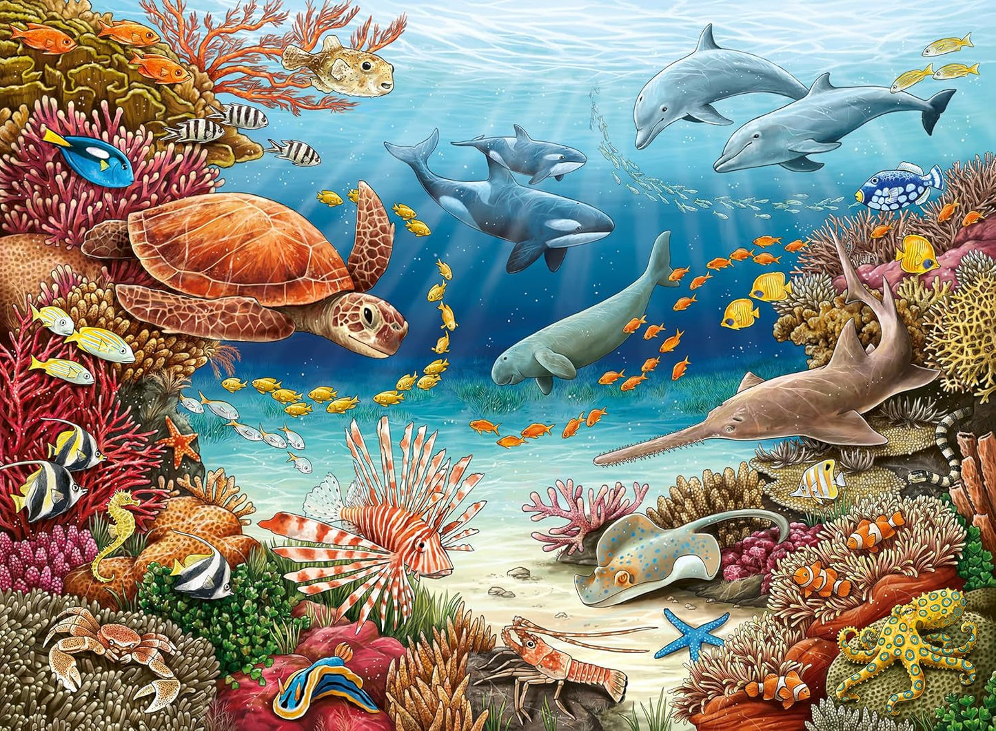 Puzzle dla dzieci Ravensburger 13411 - Stworzenia morskie na rafie koralowej - Dlaczego? Dlaczego? Dlaczego? Puzzle 150 elementów XXL + plakat wiedzy, dla dzieci od 7 lat Puzzle Naty Shop