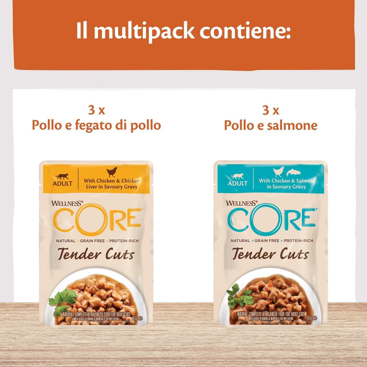 Wellness CORE Tender Cuts 6 x 85g, Chicken Selection Mix - Mokra karma dla kotów, delikatne kawałki w sosie, bez zbóż, naturalna, hipoalergiczna, bogata w białko, o wysokiej zawartości mięsa