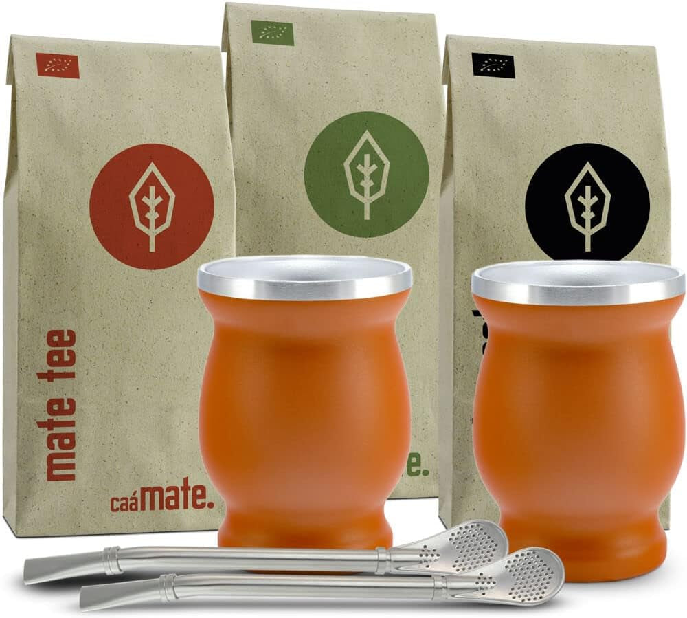 Zestaw do herbaty Mate Bio ● 3 zestawy Mate + 2 filiżanki Mate ze stali nierdzewnej o podwójnych ściankach + 2 Bombille + Instrukcja parzenia (czarna)