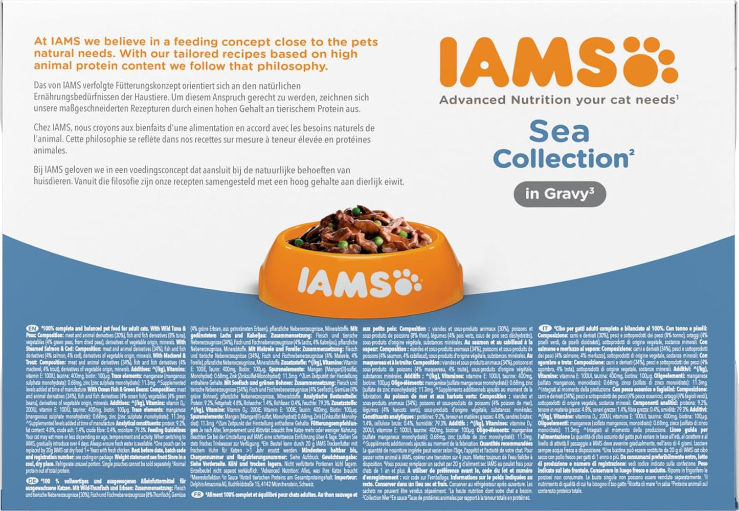 IAMS Delights Sea Collection Katzenfutter Nass - Opakowanie zbiorcze z Fisch Sorten (Lachs, Thunfisch, Makrela, Seefisch) w sosie, Nassfutter für Katzen od 1 Jahr, 12 x 85g