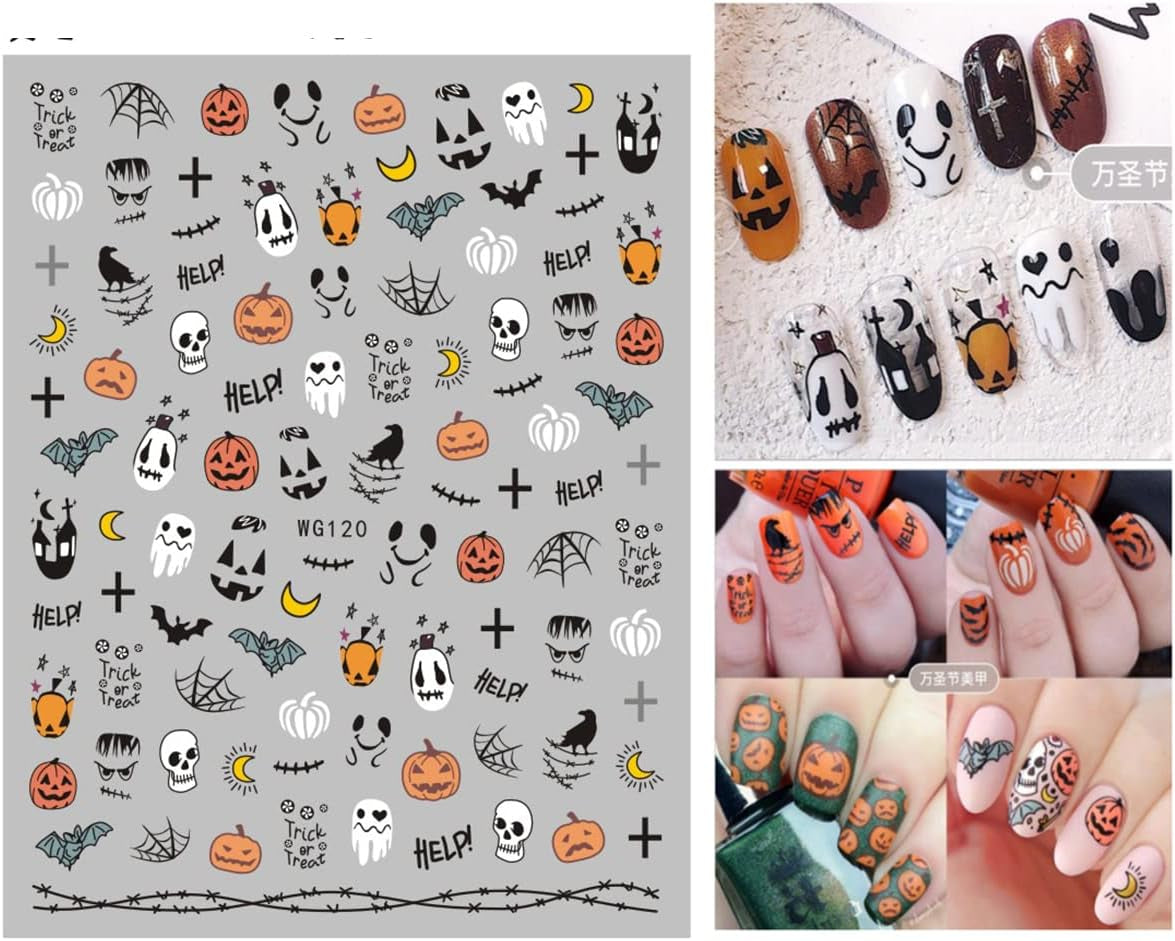 JMEOWIO Nagelsticker Halloween 8 Blatt Nail Art Naklejka Selbstklebend Nagelaufkleber Totenkopf Horror Geist Hexe Spinnennetz Fledermaus Kürbis Spukdekoration Nageldesign Zubehör