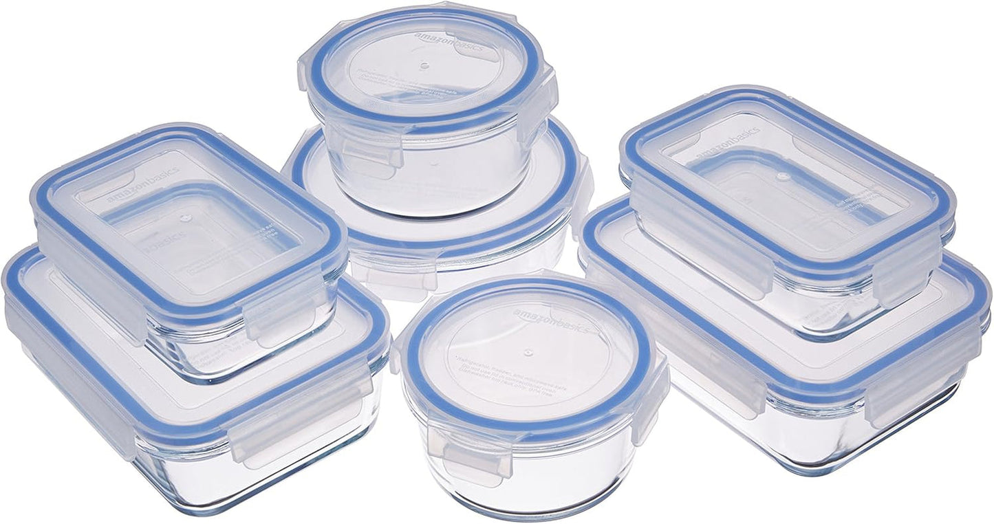 Amazon Basics Szklane pojemniki na żywność z pokrywkami, 20 szt. (10 pojemników + 10 pokrywek) Bez BPA, Przezroczyste, niebieskie pudełka do przechowywania żywności Naty Shop, 14 szt. Pojedyncze