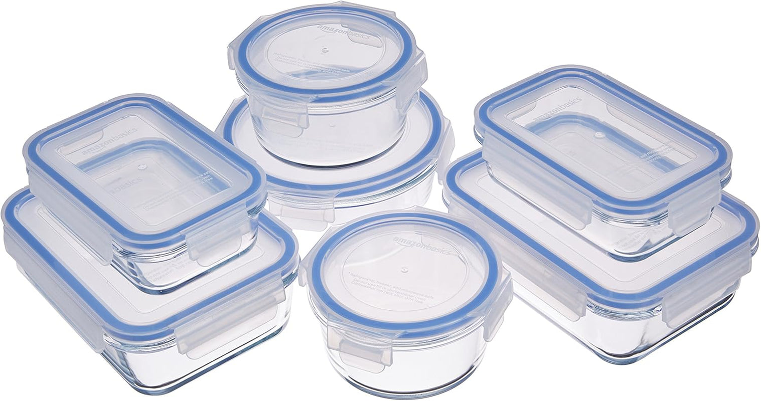 Amazon Basics Szklane pojemniki na żywność z pokrywkami, 20 szt. (10 pojemników + 10 pokrywek) Bez BPA, Przezroczyste, niebieskie pudełka do przechowywania żywności Naty Shop, 14 szt. Pojedyncze