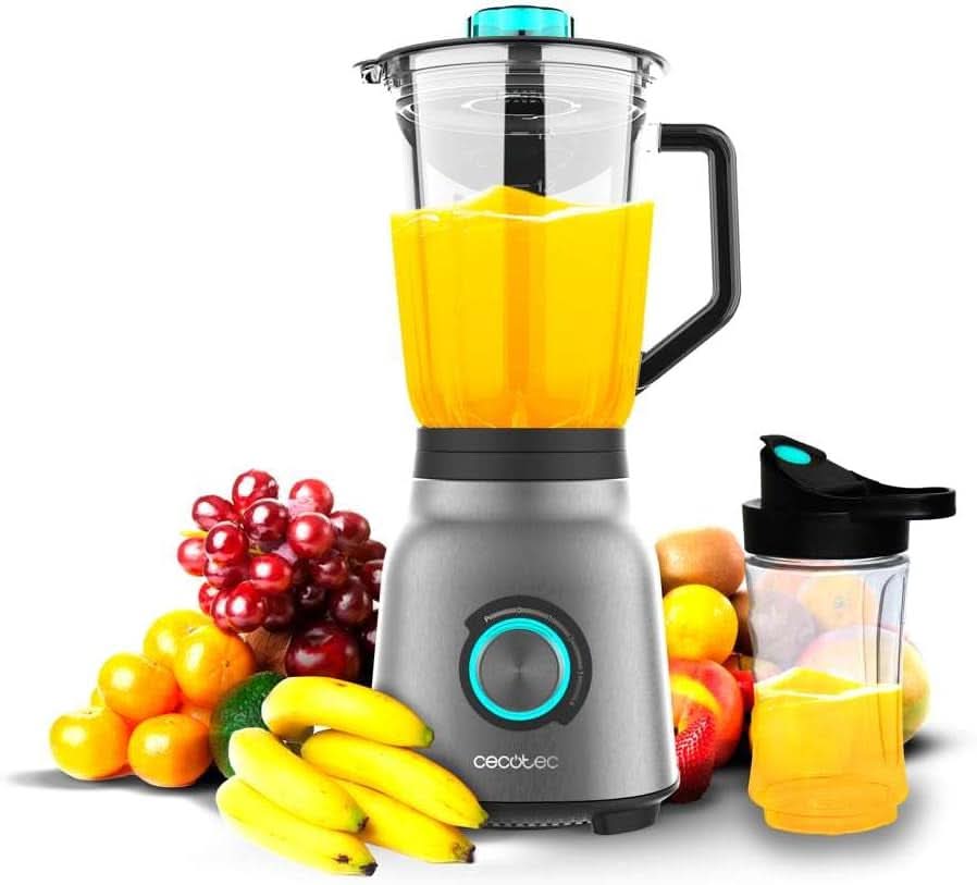 Mikser stojący Cecotec Power Black Titanium 2200MAX Smooth, 2200 W Maximale Leistung, 6 Klingen Aus Edelstahl, funkcja kruszenia lodu, funkcja Turbo i Smoothie, funkcja Autoclean Kitchen Naty Shop Inox 1800 W | 1,5 L + Flasza z dyszlem
