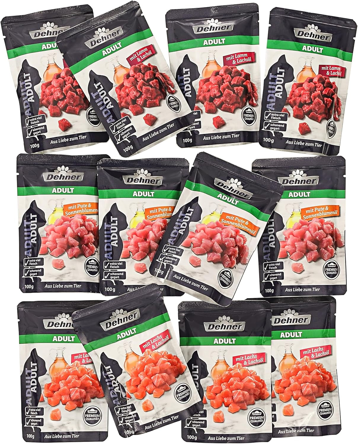 Dehner Premium mokra karma dla kotów, opakowanie zbiorcze, dorosłe koty, 4 sztuki każda: jagnięcina / indyk / łosoś, 12 torebek x 100 g (1,2 kg)