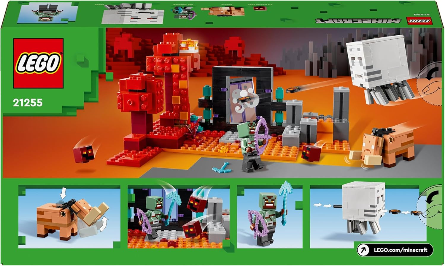 LEGO Minecraft Zasadzka w portalu do Netheru Zabawkowa gra w Nether dla dzieci ze scenami bitewnymi i legendarnymi figurkami W tym upiorny prezent dla graczy dla chłopców i dziewcząt w wieku 8 lat 21255 Zestawy do budowania Kup w sklepie LEGO
