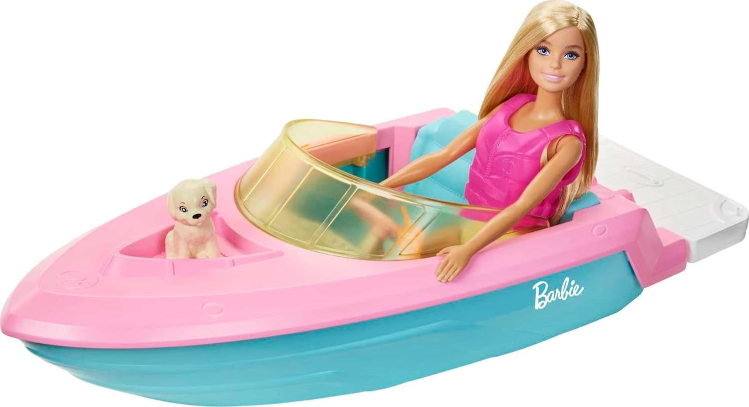 Zestaw łodzi motorowej Barbie, lalka Barbie z blond włosami, różowa kamizelka ratunkowa, łódka, szczeniak, akcesoria, prezenty dla 3+, lalki Grg30 Naty Shop