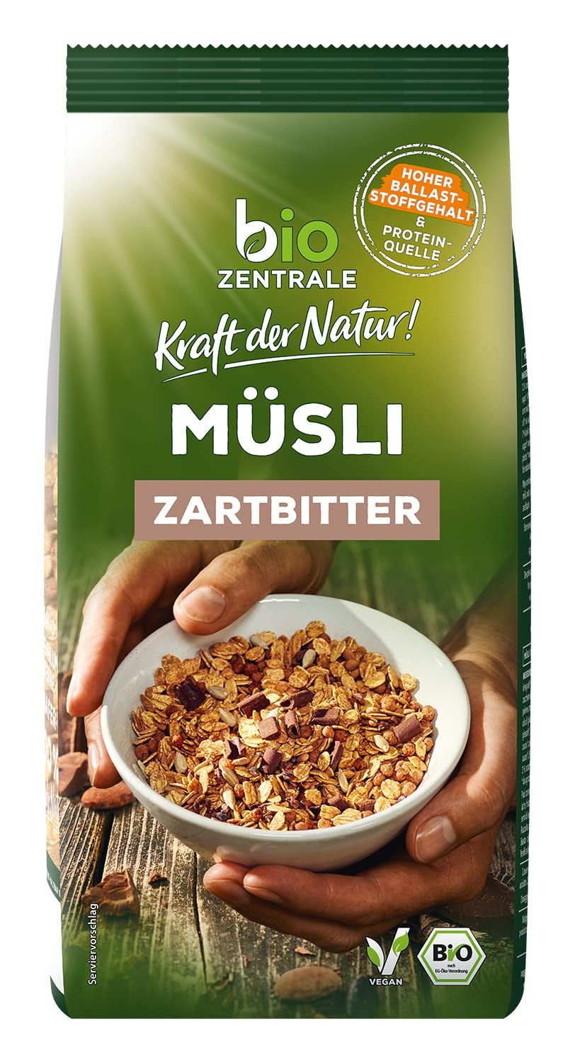 Biocentralne Musli z gorzką czekoladą | 500g Organiczne Wegańskie | Idealny na śniadanie i filiżankę musli na wynos | Alternatywa dla batonów musli