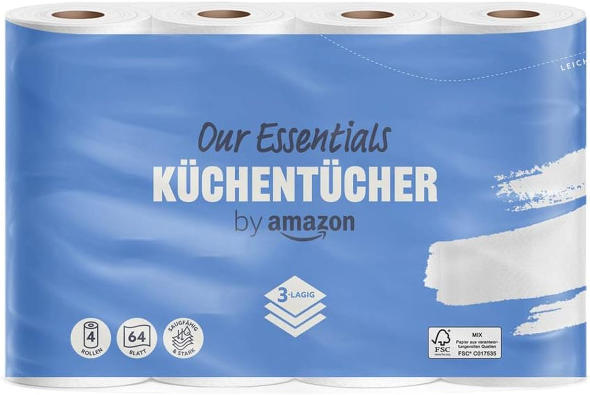 Przez Amazon Kitchen Roll, 3 warstwy, 16 rolek (4 rolki, opakowanie 4 sztuk), 64 arkusze w rolce, certyfikat Fsc