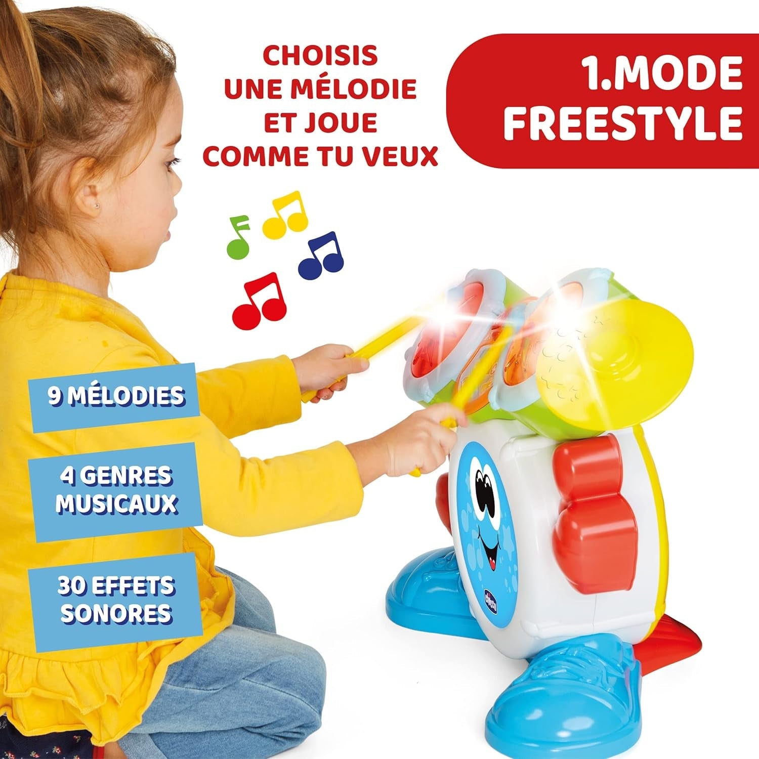 Chicco 00009820100000 Mi First Drum Set ze światłami i dźwiękami, 3 tryby gry Instrument muzyczny z baterią dla dzieci, wielokolorowy, duży Jucarii Bebe Naty Shop