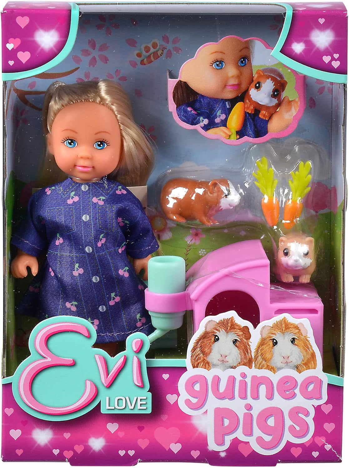 Simba Evi Love Lalka morska do zabawy z dwiema świnkami morskimi i domem, butelką wody i marchewką, 12 cm, wiek 3+