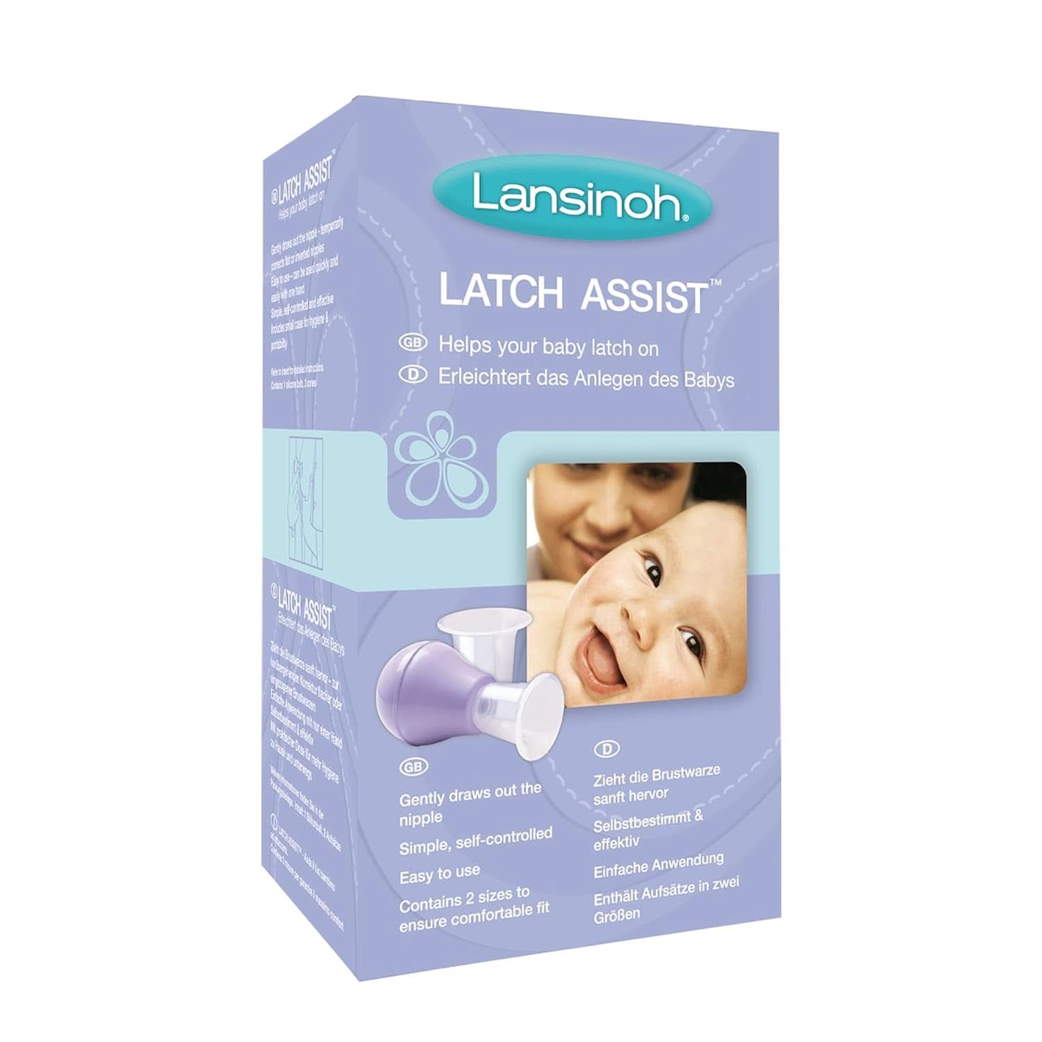 Lansinoh Latch Assist Everter do sutków z etui dla matek karmiących piersią, umożliwia tymczasową korektę płaskich lub wklęsłych sutków, 2 stożki w rozmiarze w opakowaniu i higieniczne etui do przenoszenia Akcesoria do karmienia piersią Bebe Naty Shop Latch Assist