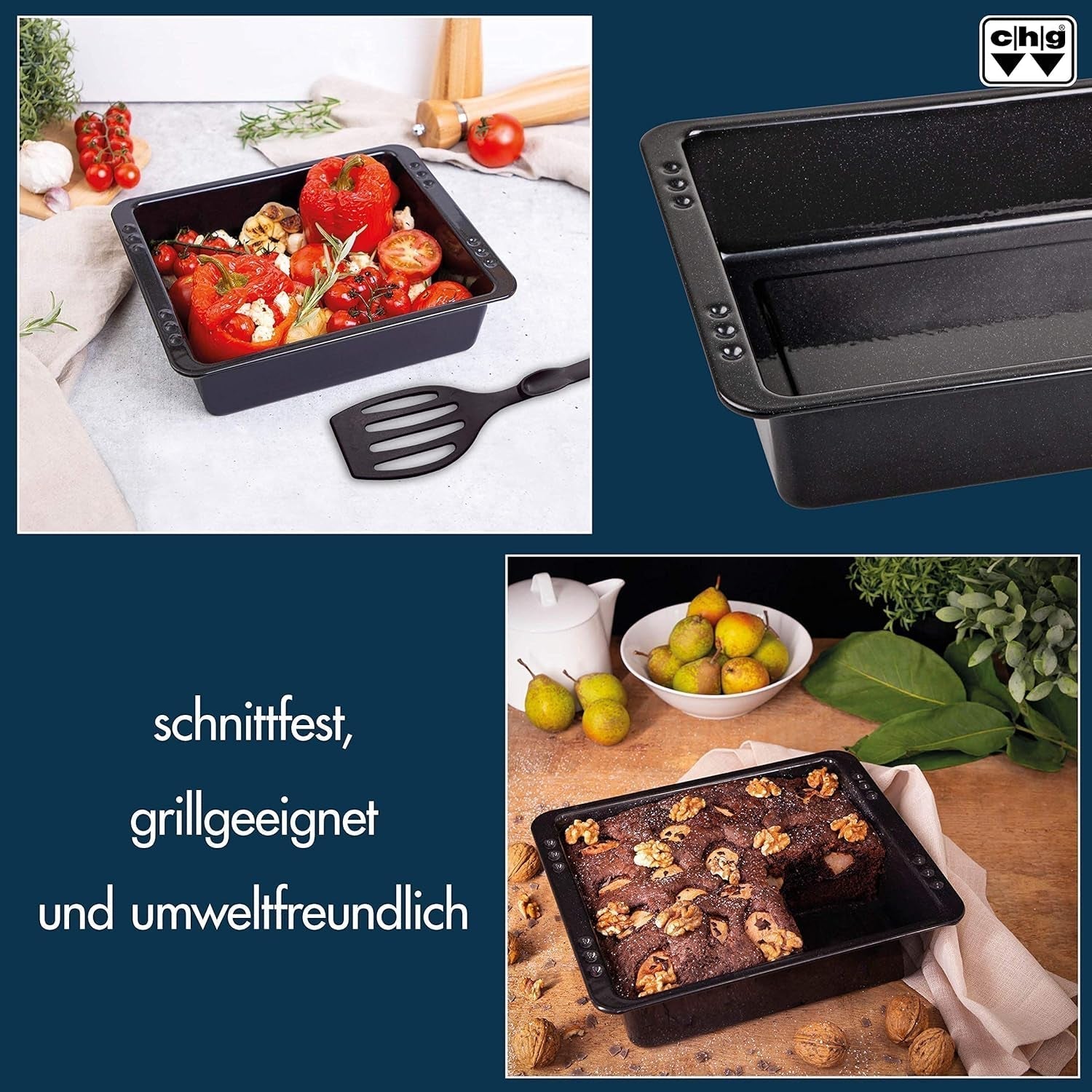Chg SET 341-46-60 Extra Tiefe Ofenform (7,0 Cm) "Emaille" Mit Profi-Pfannenwender", Schwarz Gesprenkelt Formy i blachy do pieczenia Naty Shop