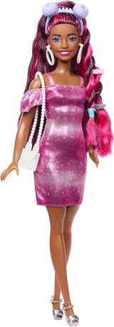 Zabawna stylowa lalka Barbie z bardzo długimi kolorowymi czarnymi włosami i błyszczącą różową sukienką 10 fryzur i modnych dodatków JDC86