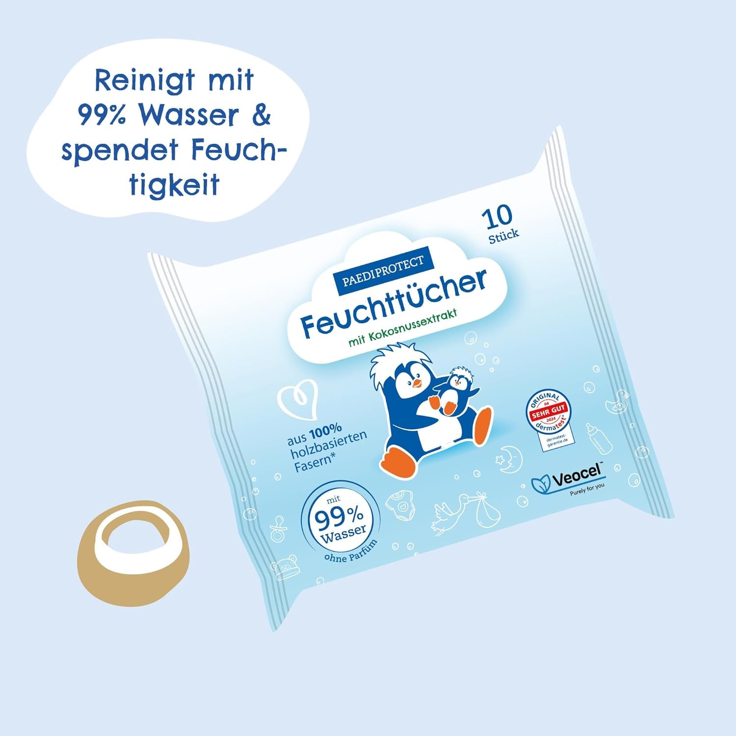 PAEDIPROTECT Chusteczki nawilżane dla dzieci 1 x 10 szt. Chusteczki nawilżane dla dzieci Sensitive Chusteczki nawilżane na bazie wody 99% wody Bezzapachowe Dla dzieci i dzieci Delikatna skóra Ekstrakt z kokosa Bez mikroplastików Wegańskie (5 szt.)