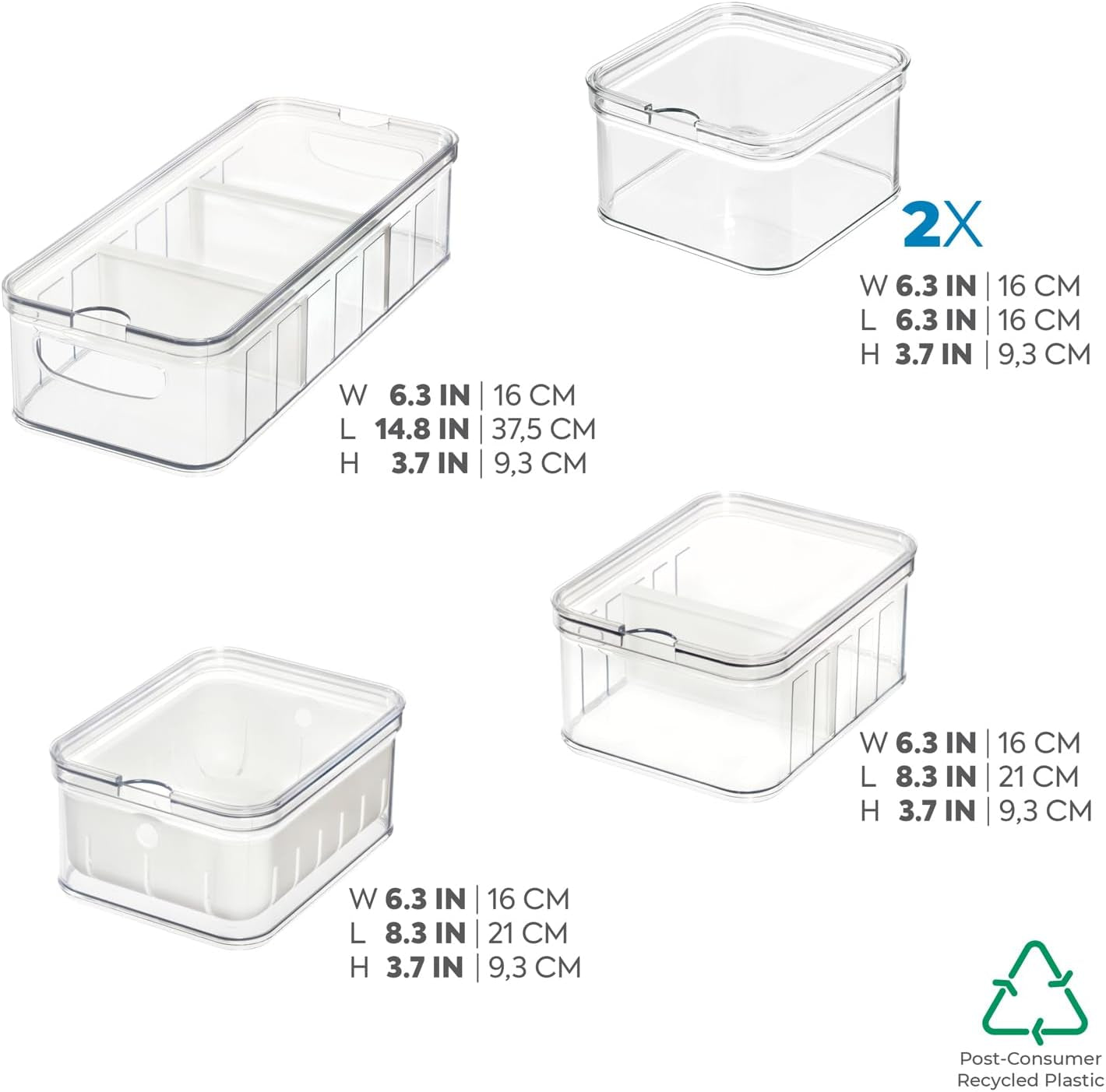 Pudełka do przechowywania iDesign, organizer na lodówkę z pokrywkami w zestawie 5 sztuk, plastikowe pudełka do przechowywania żywności z recyklingu do organizowania materiałów eksploatacyjnych, przezroczyste i białe pudełka do przechowywania żywności Naty Shop