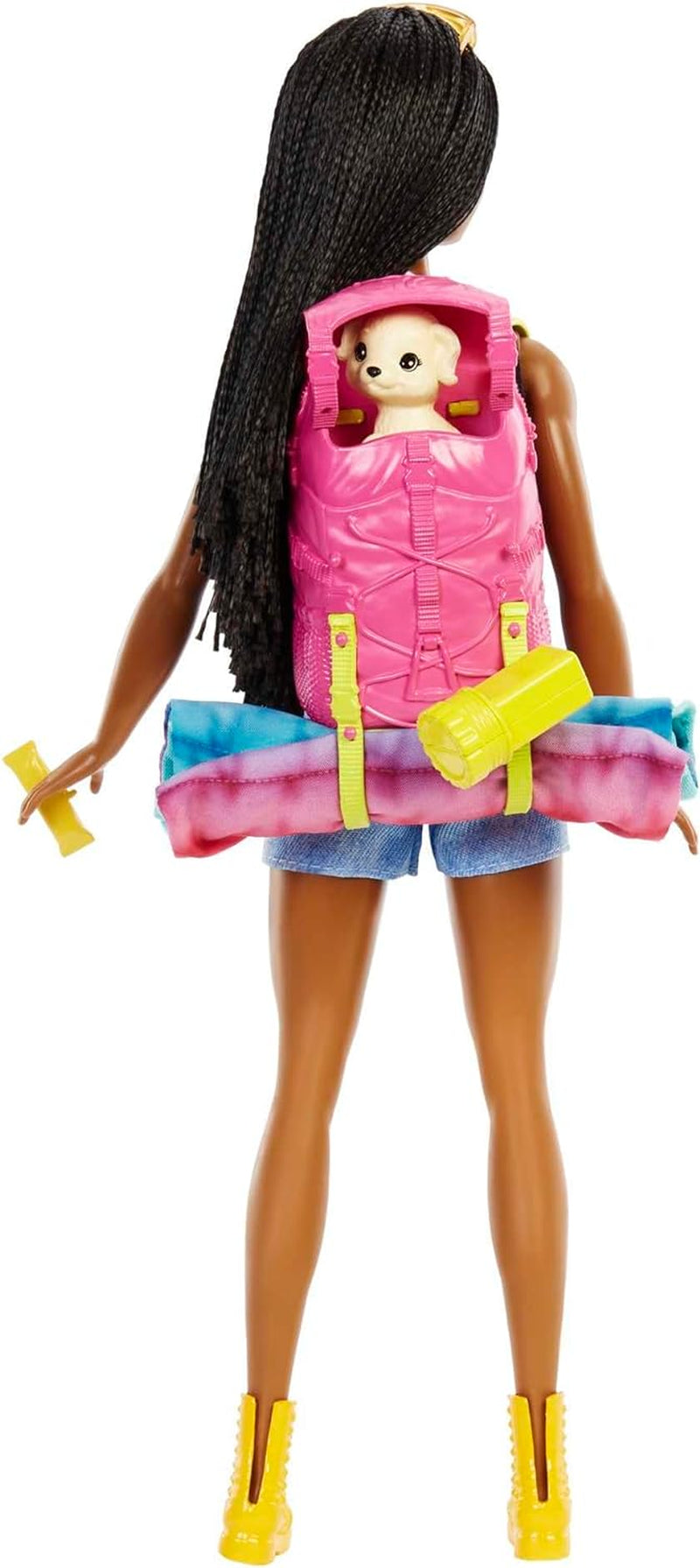 Podwójna lalka Barbie HDF74! Brooklyn Camping Doll (Brunetka z plecionymi warkoczami, ok. 29 cm) ze szczeniakiem, plecakiem, śpiworem, 10 akcesoriami kempingowymi, prezentem dla dzieci w wieku 3 lat i starszych