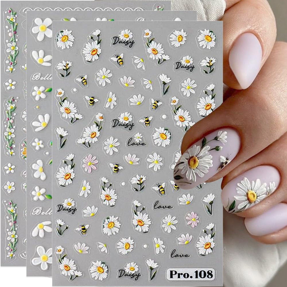 5 sztuk Geprägte Gänseblümchen Nagelsticker Selbstklebend Blumen Nagelaufkleber Gänseblümchen Schmetterling Nagel naklejka Nageldesign Aufkleber Nägel Zubehör Blume naklejka do paznokci kwiat naklejki do paznokci