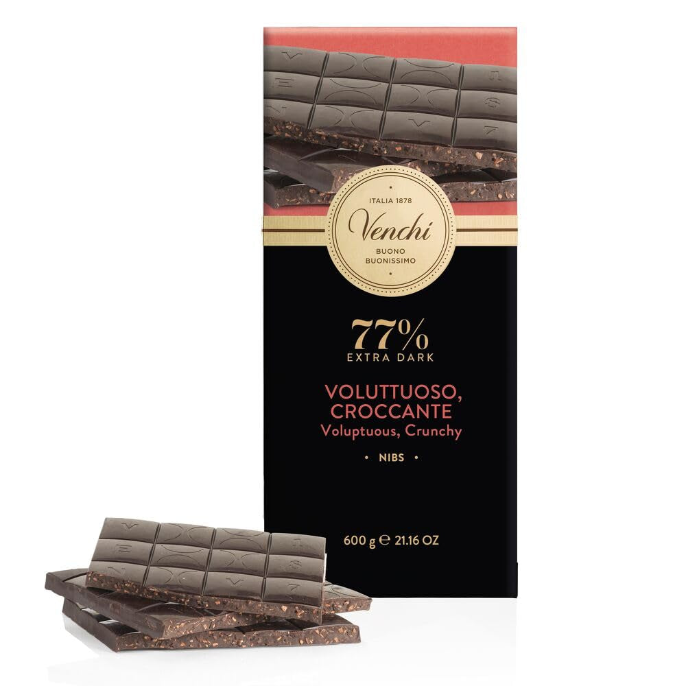 Venchi - Bar Maxi 77% Nibs, z ekstra ciemną czekoladą, kawałkami ziaren kakaowych, 600 g, bezglutenowy, bez barwników i bez konserwantów