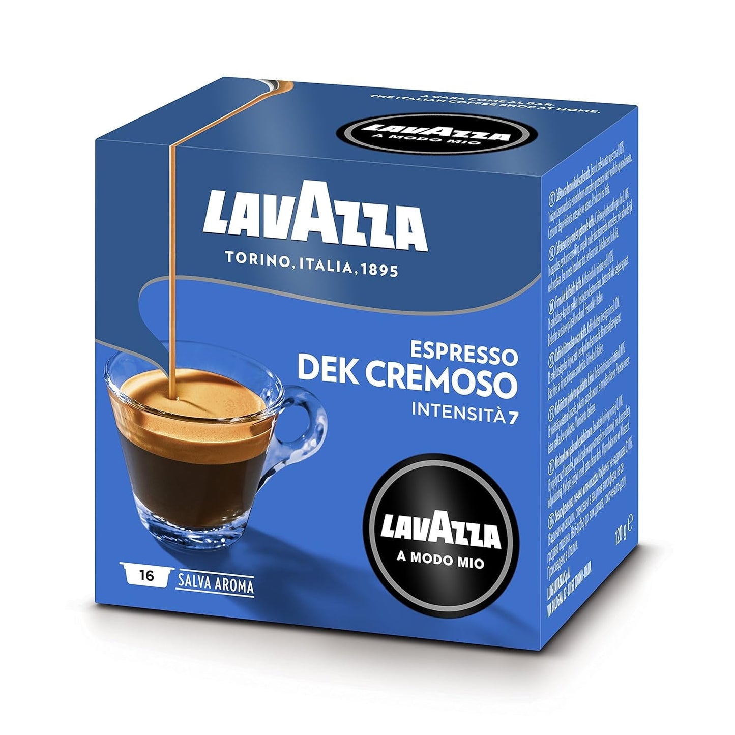 Lavazza A Modo Mio Dek Cremoso, 256 kapsułek kawy, do espresso bezkofeinowego z aromatycznymi nutami migdałów i canditis, 100% Arabica, intensywność 7/13, średnio palona, ​​16 opakowań