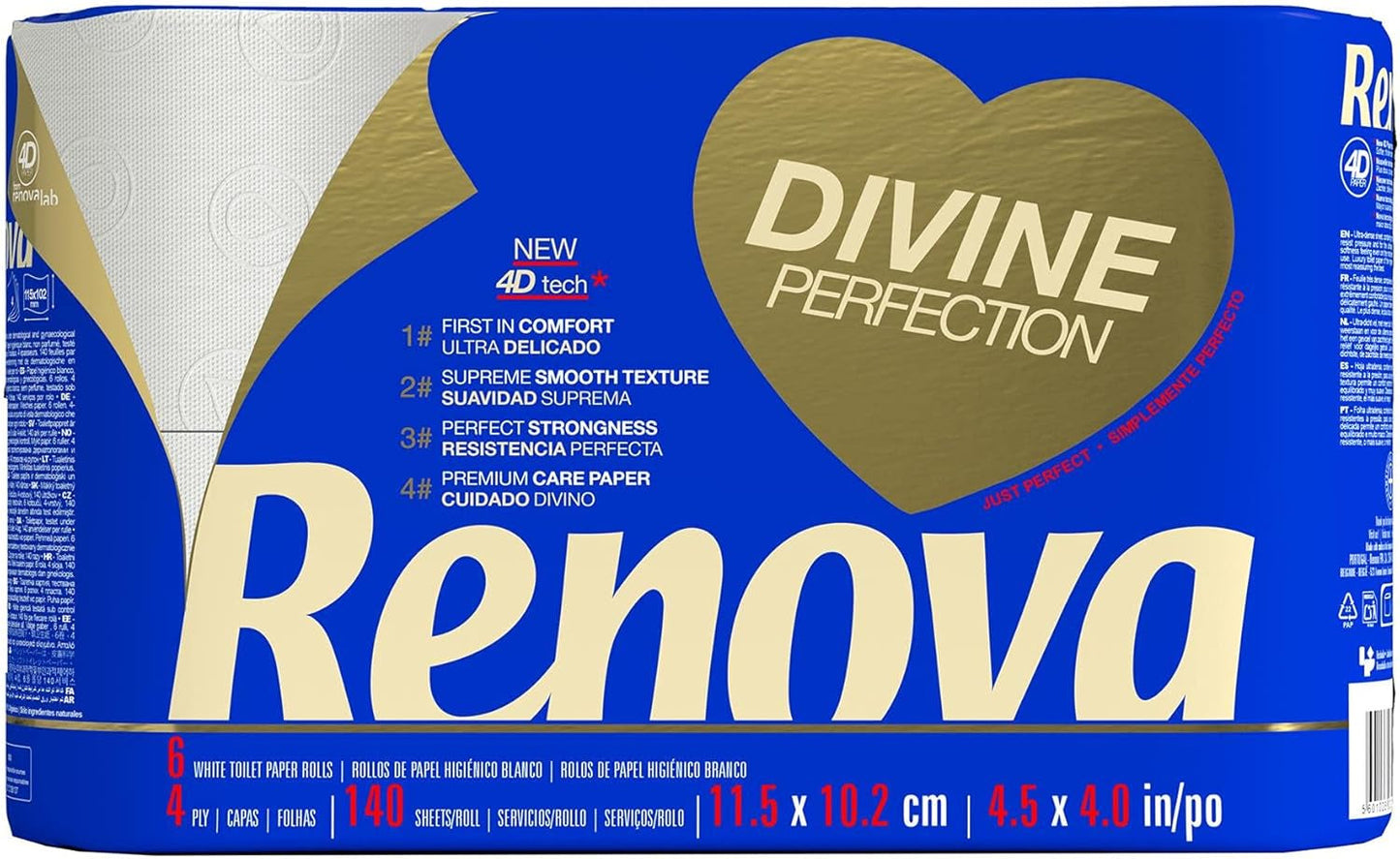 Papier toaletowy Renova Renova Divine Perfection, 42 rolki, papier toaletowy Premium, 4-warstwowy, wyjątkowo miękki, o dodatkowej wytrzymałości, gruby, miękki i chłonny, papier z certyfikatem Fsc, 4400G