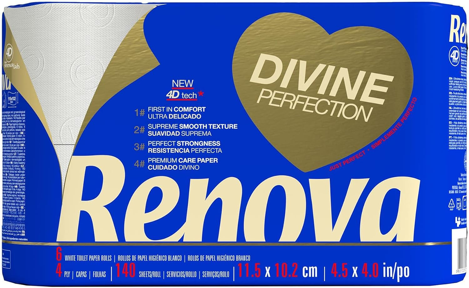 Papier toaletowy Renova Renova Divine Perfection, 42 rolki, papier toaletowy Premium, 4-warstwowy, wyjątkowo miękki, o dodatkowej wytrzymałości, gruby, miękki i chłonny, papier z certyfikatem Fsc, 4400G