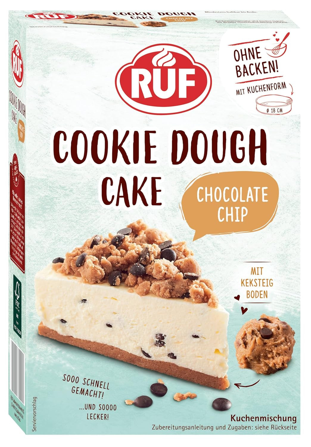 RUF Ciasto ciasteczkowe Ohne Backen, Tortenboden Aus Keksteig Mit Frischkäse-Creme Und Schokoladenstückchen, Inkl. Kuchenform, 1X325G Mieszanka do pieczenia i gotowania Naty Shop 325 G (1Er Pack) Ciasto Ciastkowe