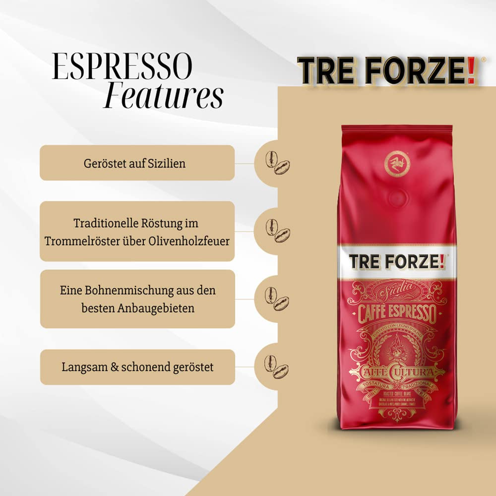 Espresso Caffè - 1kg Ziarna espresso Tradycyjna Röstung über Olivenholzfeuer In Handarbeit - Premium Kaffeebohnen für Vollautomat und Siebträger