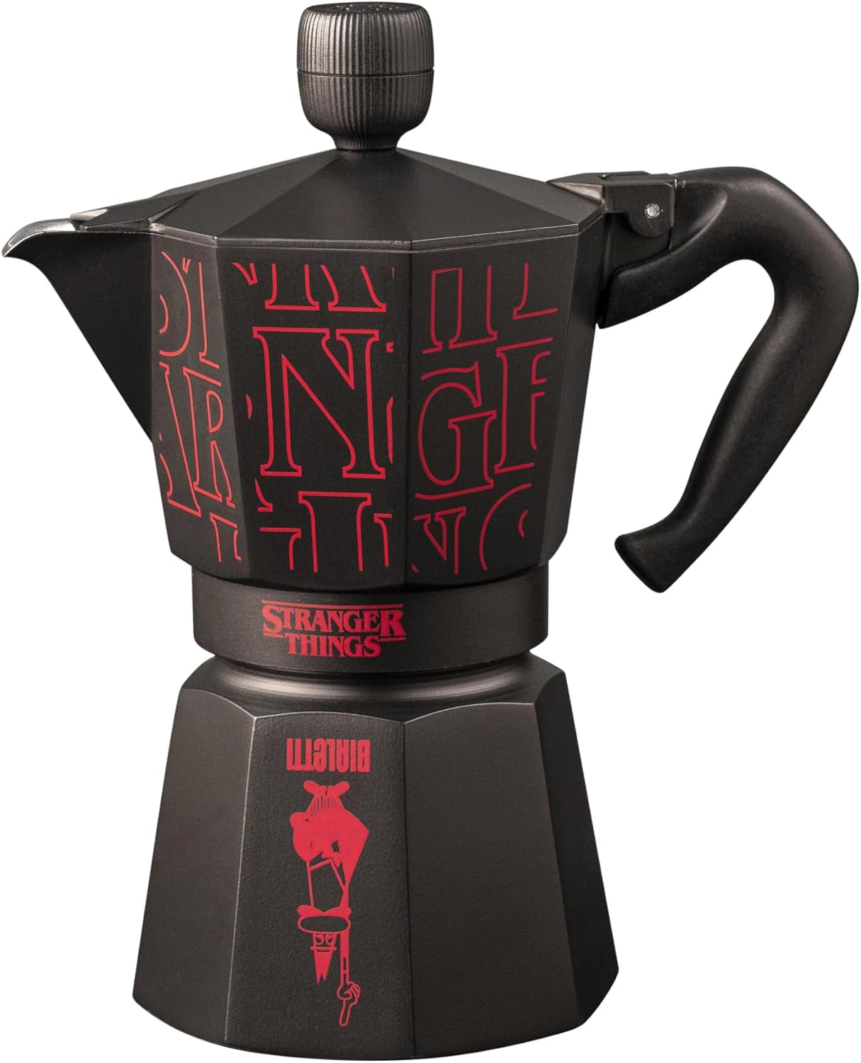 Bialetti Moka Express Stranger Things Ekspres do kawy na 6 filiżanek, przycisk muzyczny z funkcją ładowania USB-C, nie nadaje się do płyt indukcyjnych, 6 filiżanek (270 ml), czarny